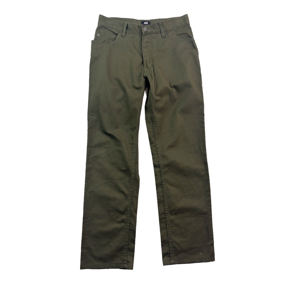 H&M 30x28 Dark Green 5 Pocket Jeans Stretch Cotton Straight Leg Button Fly Mens